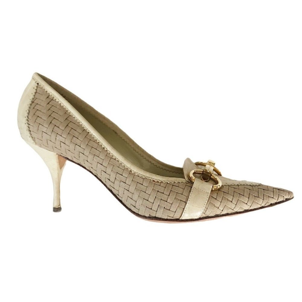 Casadei Beige Woven Leather Gold Horse Bit Heels - Picture 7 of 12